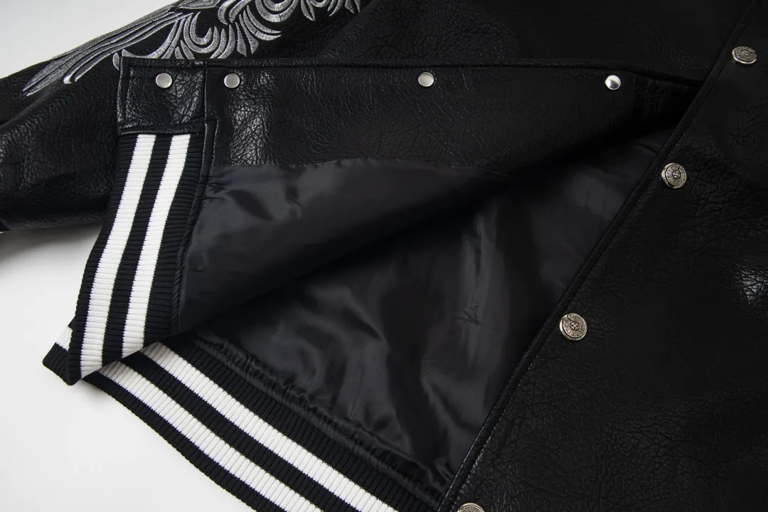 P380 model number Y620 Chrome Hearts Fw25 Chrome Hearts Unicorn Cross Baseball Jacket, same style for men and women, hot new product, original customized woolen fabric with a little thickness, early spring weather is still very good on the upper body, imported spliced pu leather sleeves, original molding and fine leather material, super heavy engineering design on the chest and back, exclusive custom cross metal decoration, customized loose fit, very handsome for both men and women, all details respect the original Mold customization of distressed cross snaps with incomparable distressed texture SIZE:M-XXL